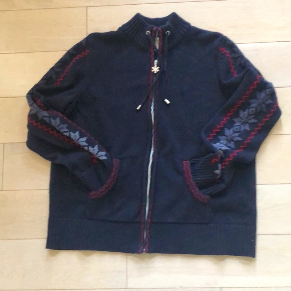 Navy & red snowflake winter zip-up cotton cardigan, L